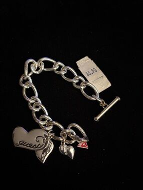 Guess Silver Heart Link Charm Bracelet with Logo Tag 8 inch